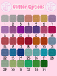 Color swatch chart for glitter options on a pink background