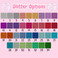 Color swatches with glitter options on a pink background