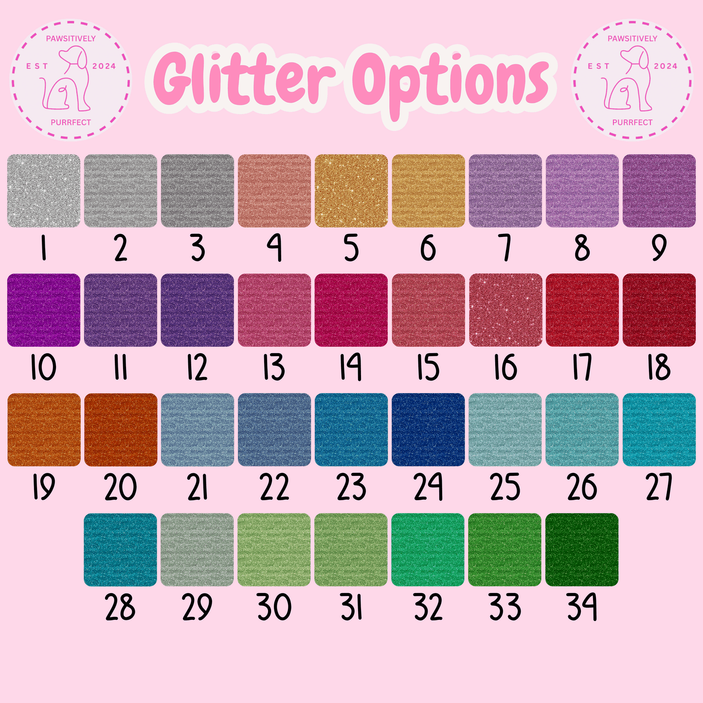 Color swatches with glitter options on a pink background