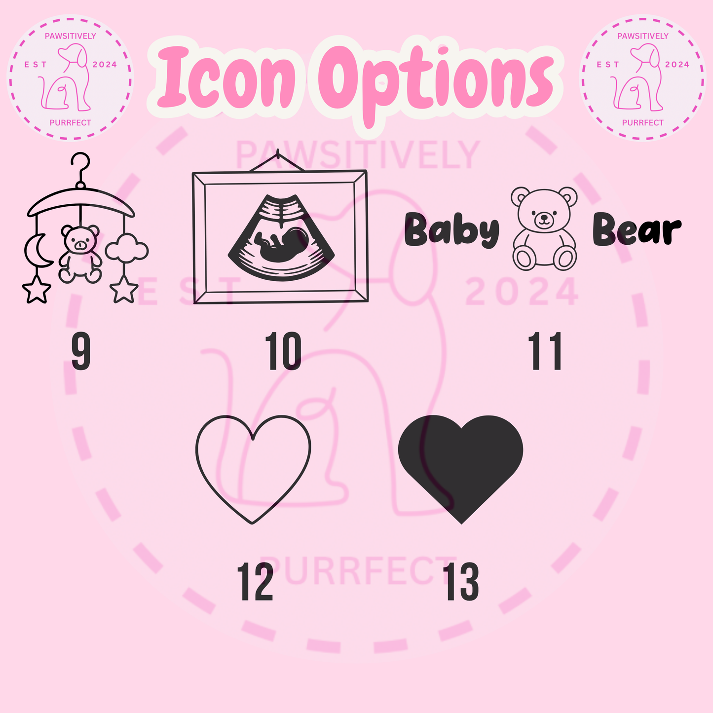 Icon options for a baby-themed design on a pink background with text and graphics.