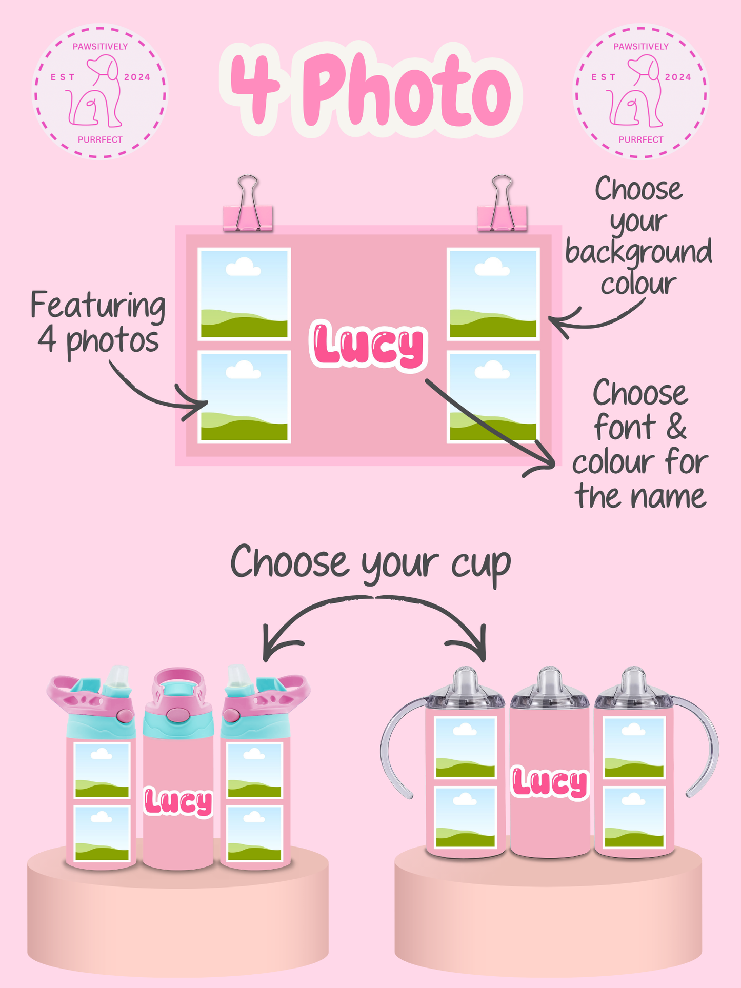 Design interface for personalized cups with options to choose a background color, font, and name.
