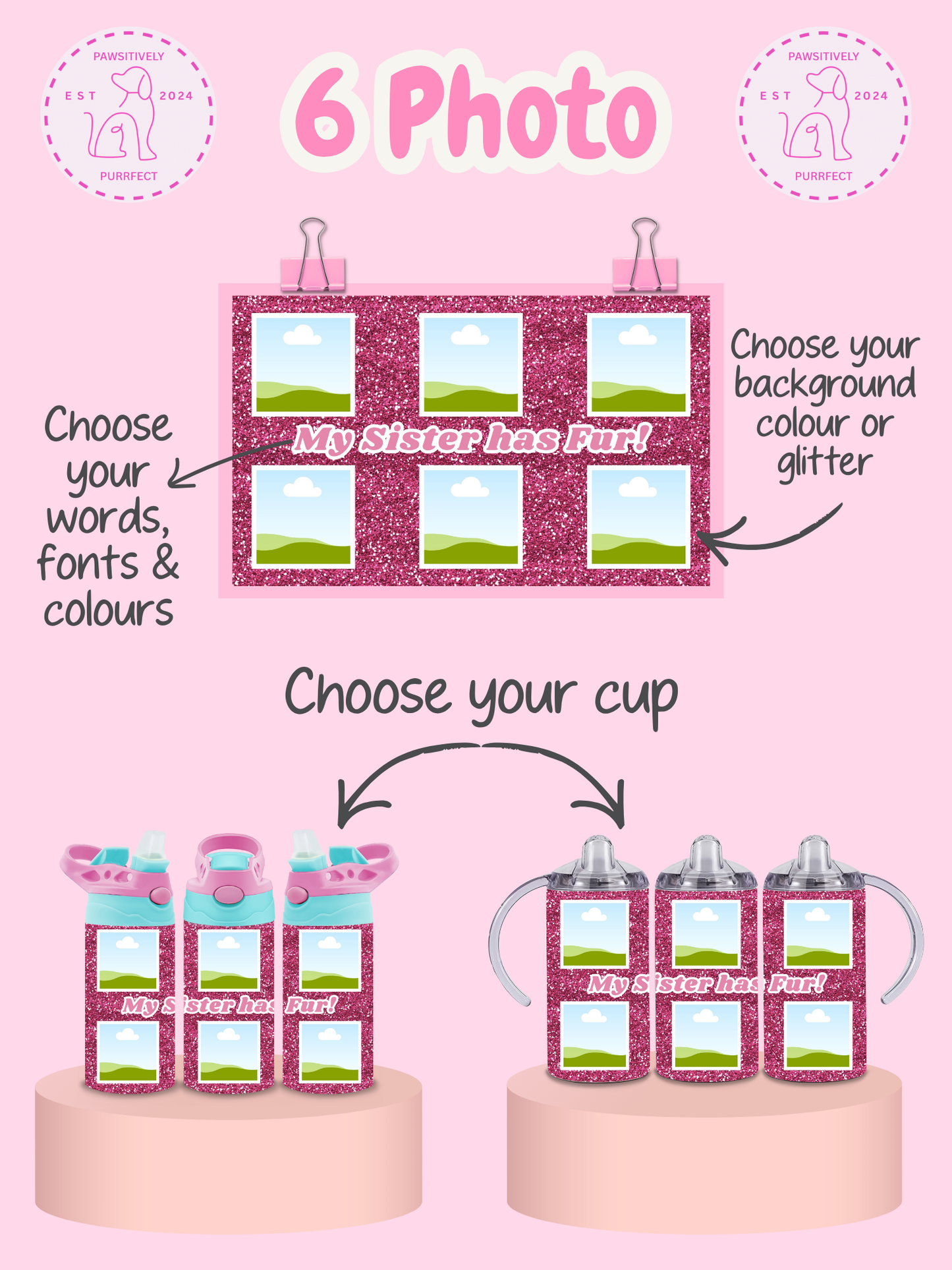 Product display with customizable options for text, colors, and cup design on a pink background.