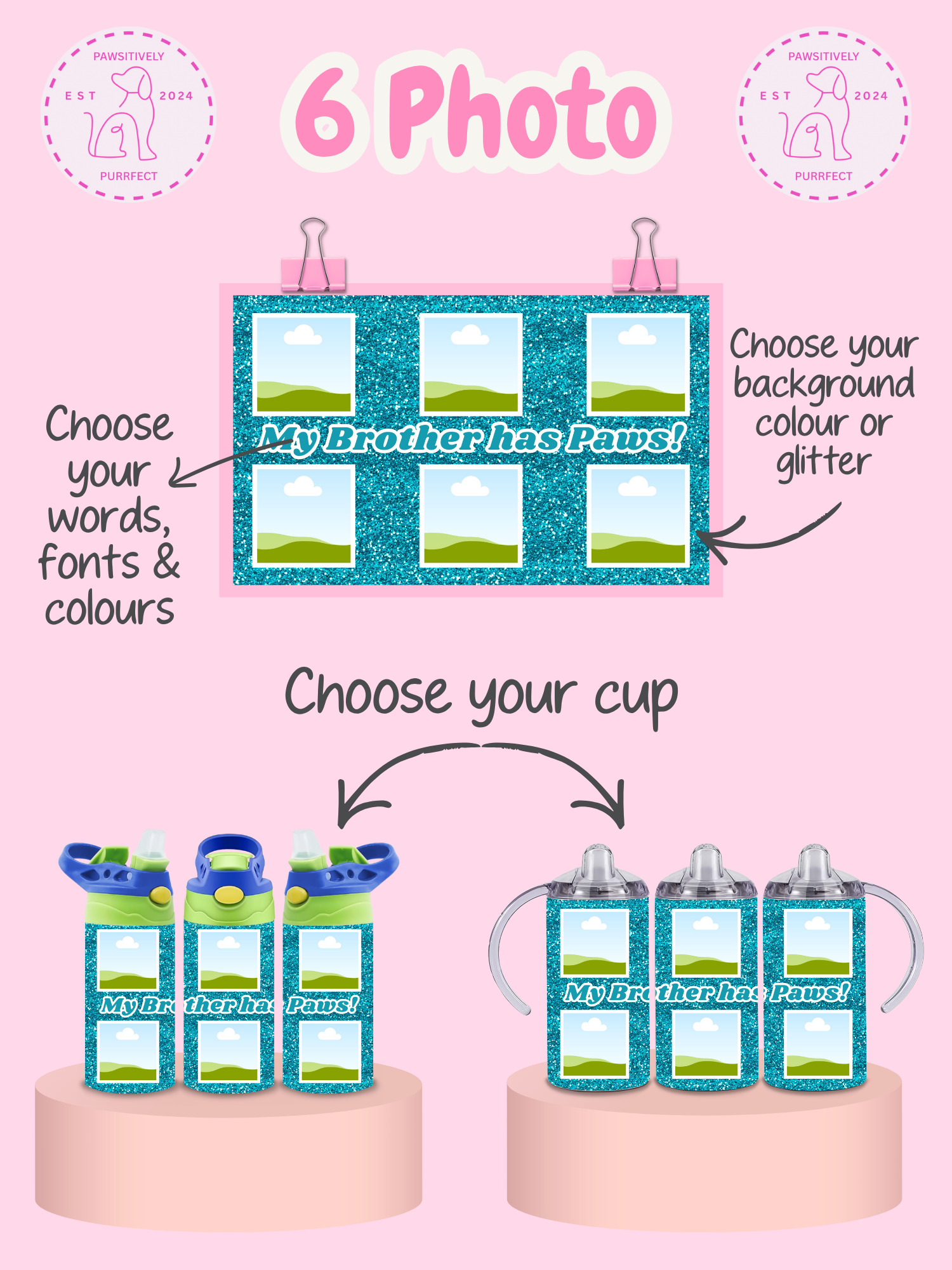 Product display with customizable text and color options on a pink background
