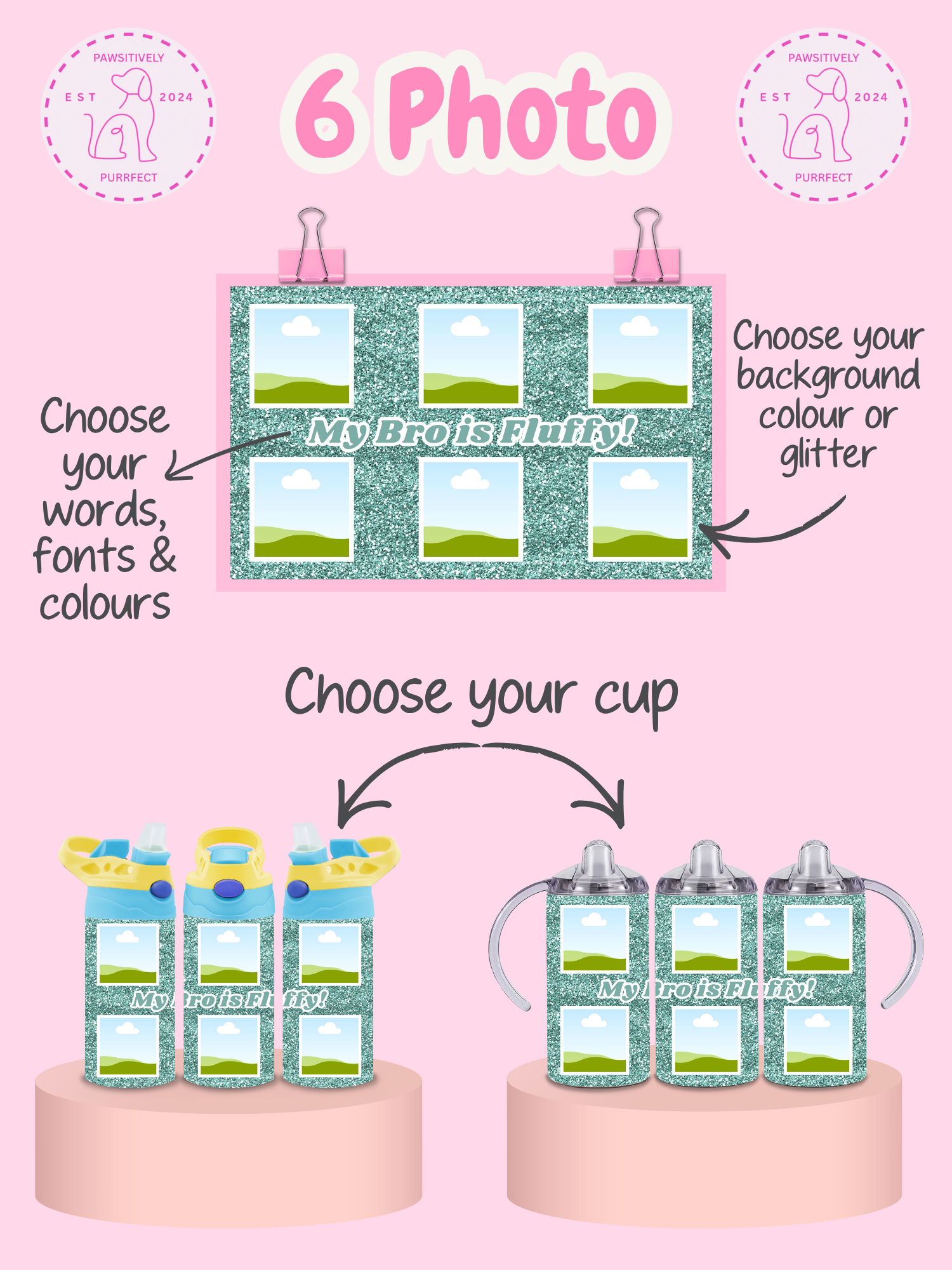 Promotional graphic for personalized baby bottles with customizable text, colors, and background options.