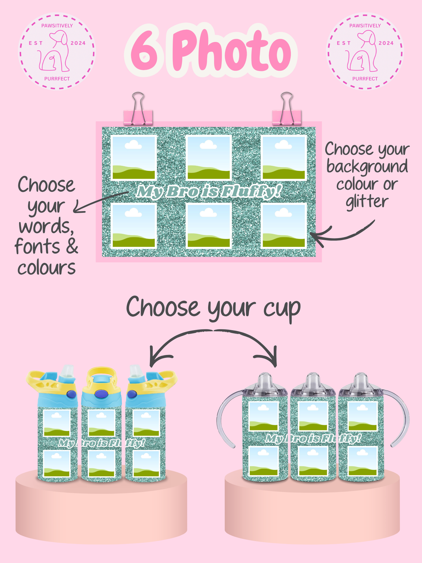 Promotional graphic for personalized baby bottles with customizable text, colors, and background options.