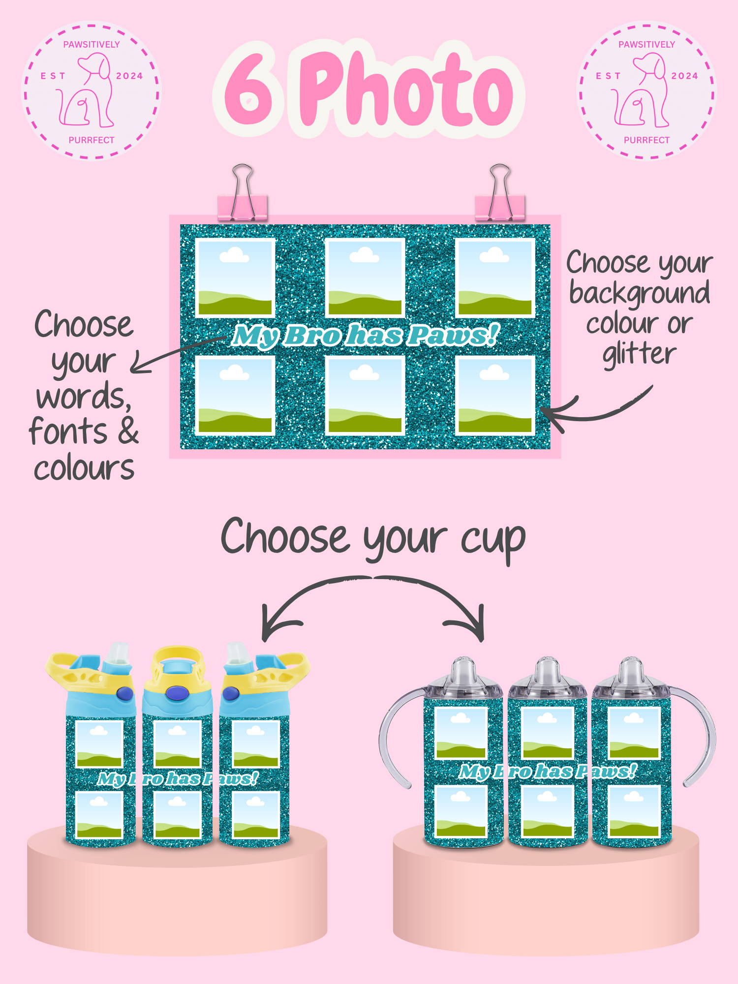 Product display with customizable text and color options on a pink background
