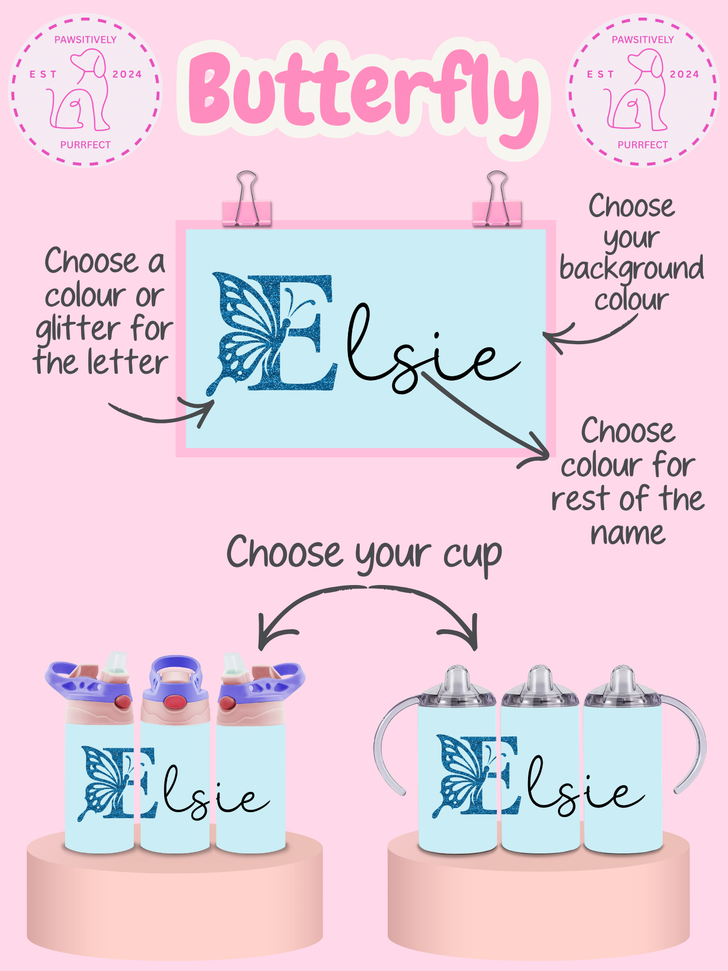 Personalized butterfly-themed cups with customizable options on a pink background