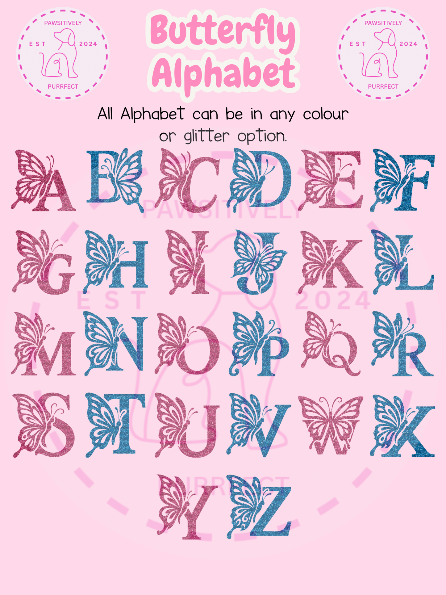 Butterfly alphabet design with pink and blue letters on a white background