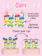 Product display with colorful car-themed sippy cups and a background with cartoon cars.