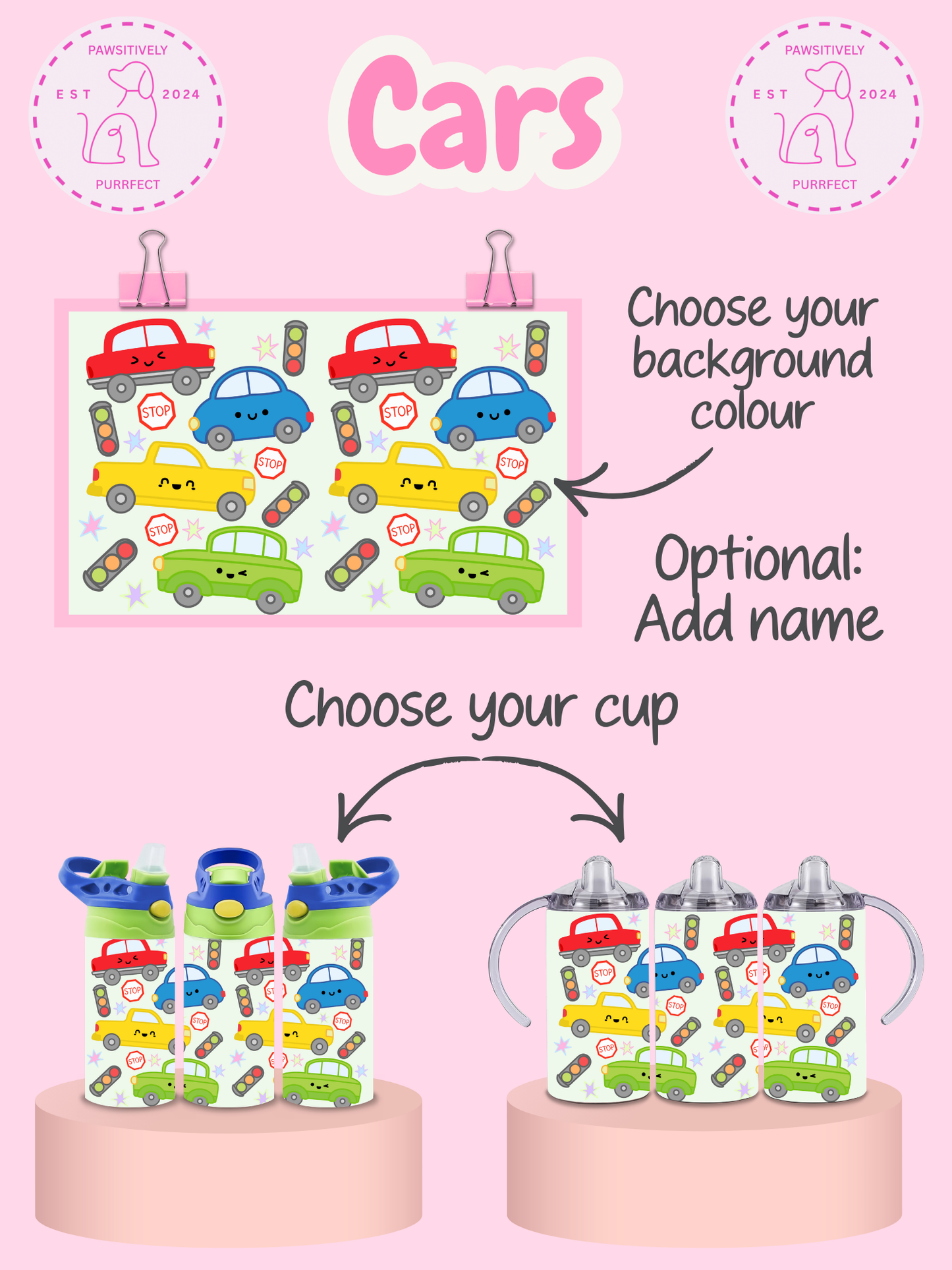 Product display with colorful car-themed sippy cups and a background with cartoon cars.