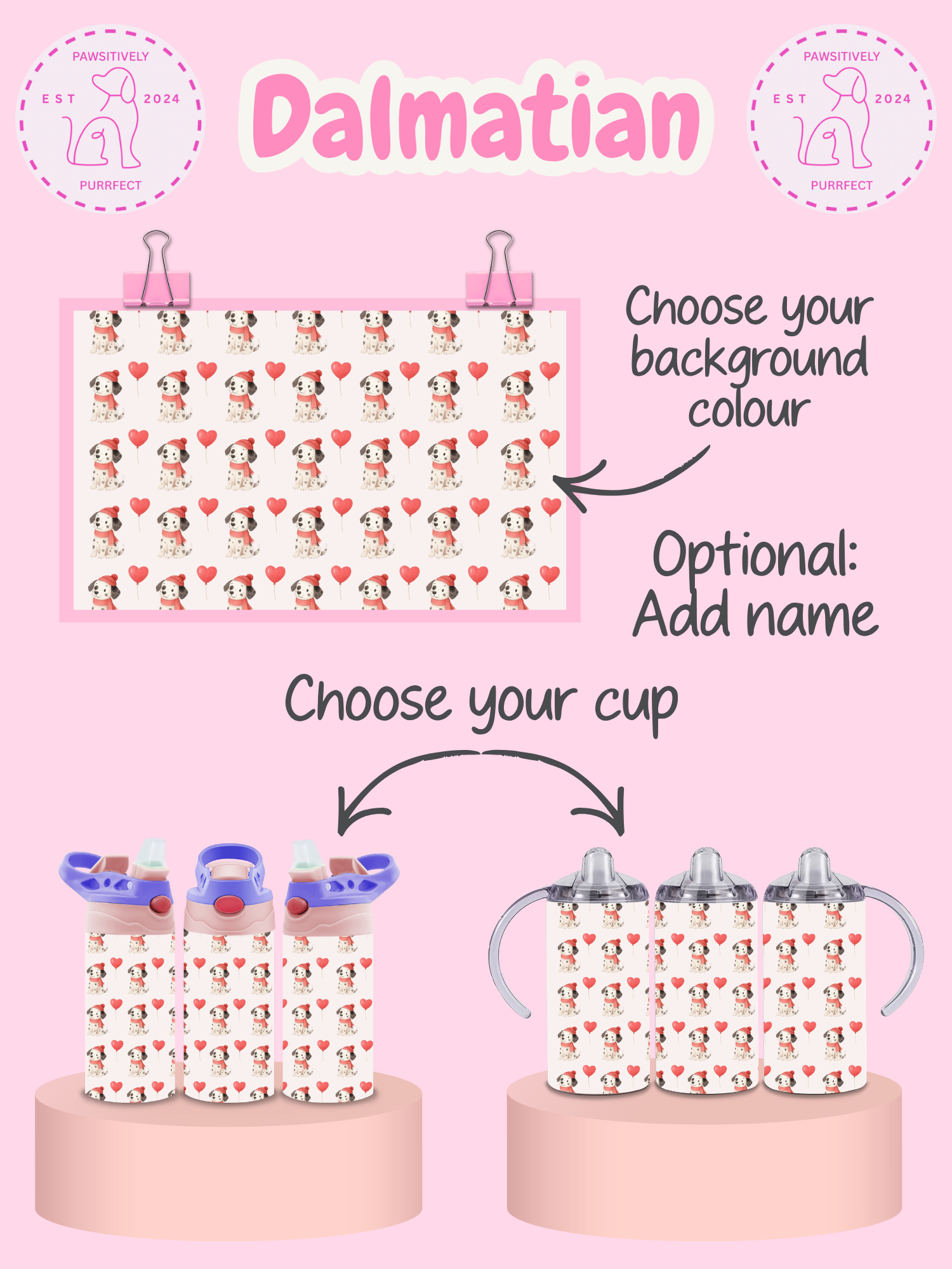 Product display with Dalmatian-themed sippy cups on a pink background