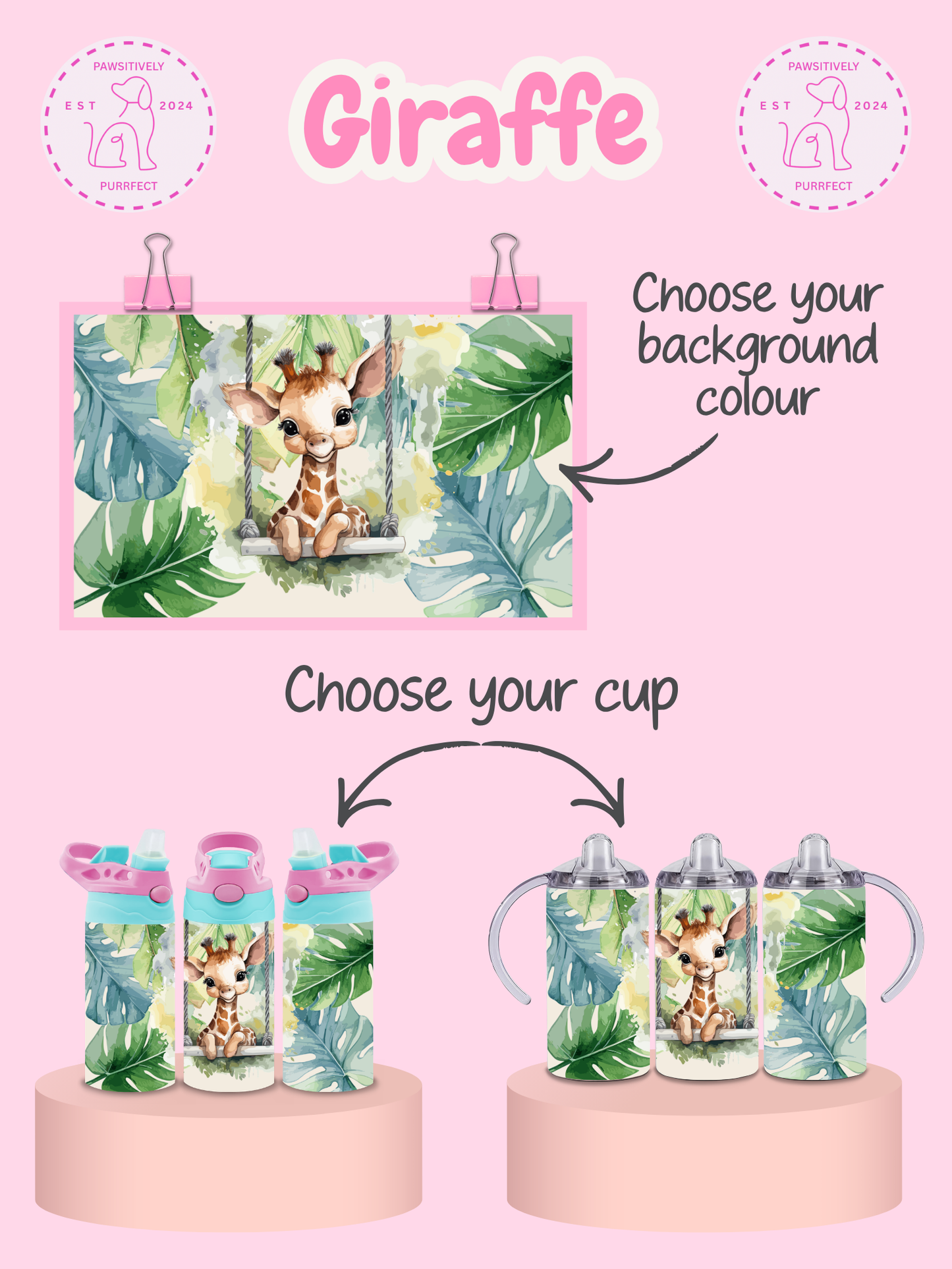 Product display with giraffe-themed cups and a customizable background