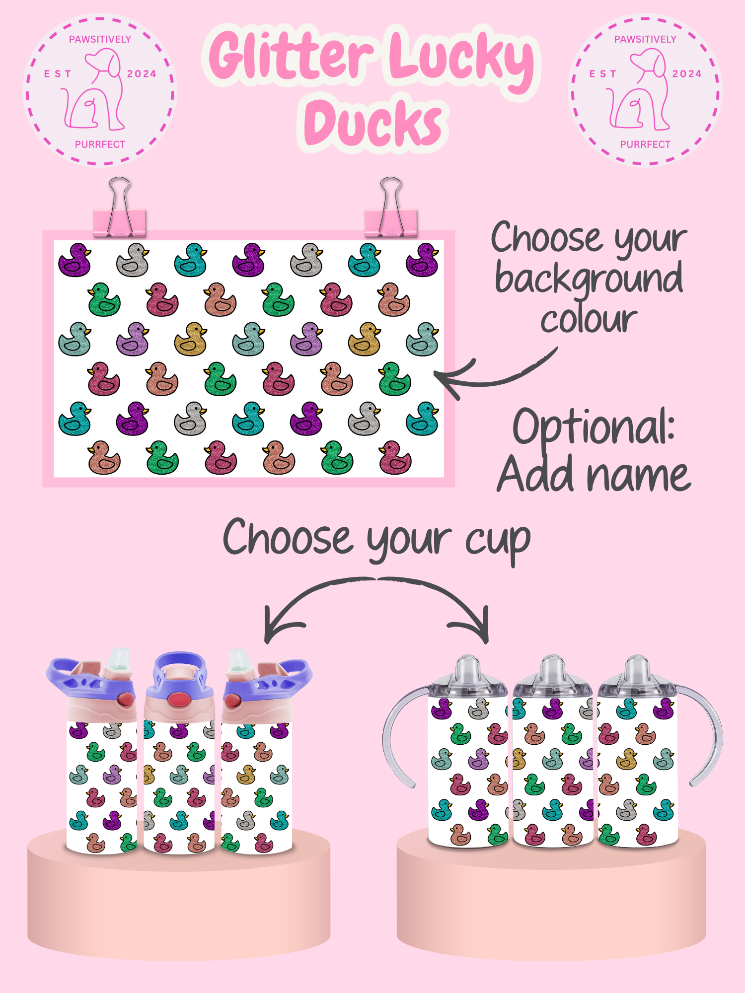 Product display with glittery duck designs on cups and a pink background.