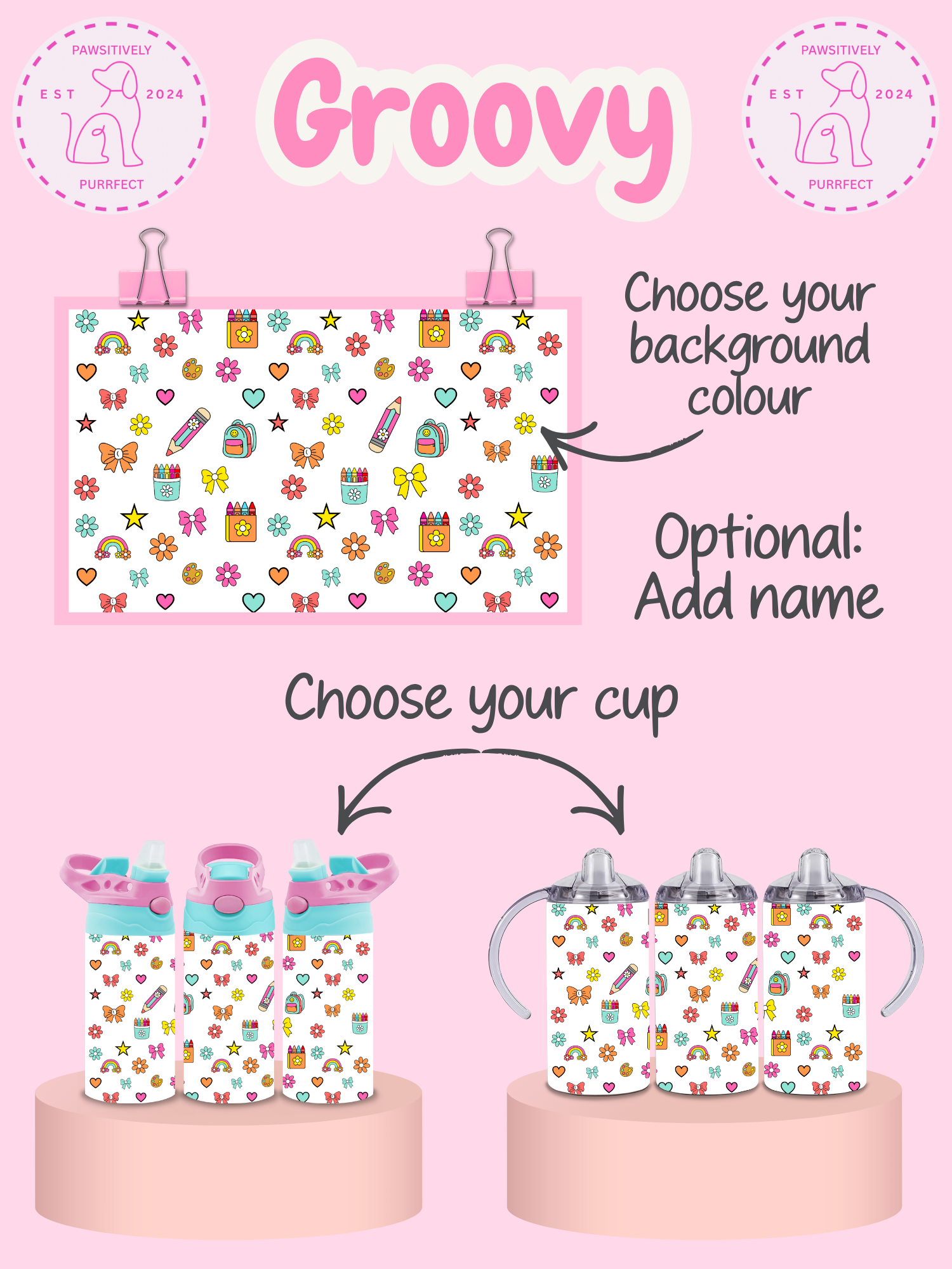 Product display with colorful design on a pink background, featuring text for customization options.