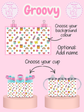 Product display with colorful design on a pink background, featuring text for customization options.