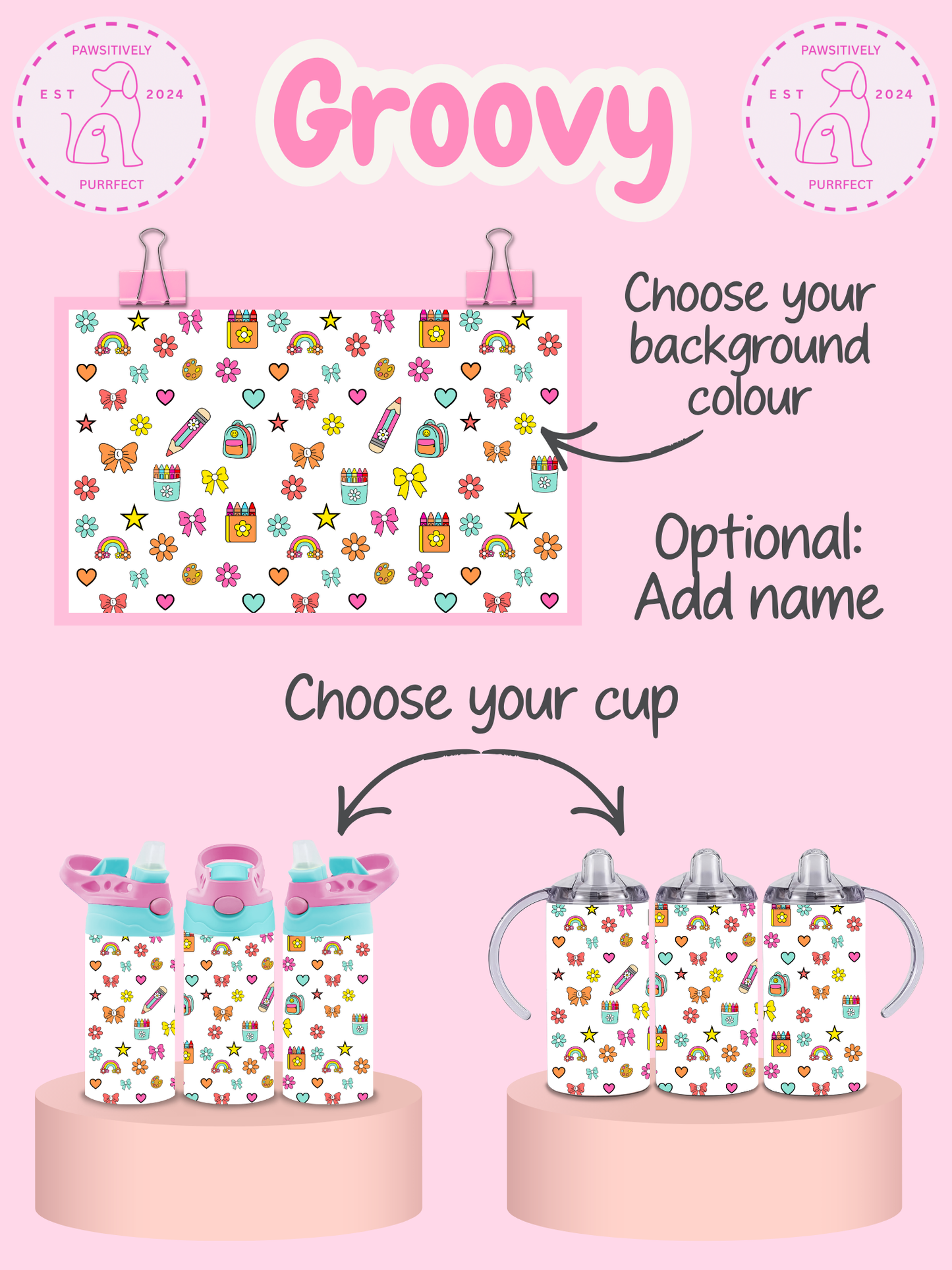 Product display with colorful design on a pink background, featuring text for customization options.