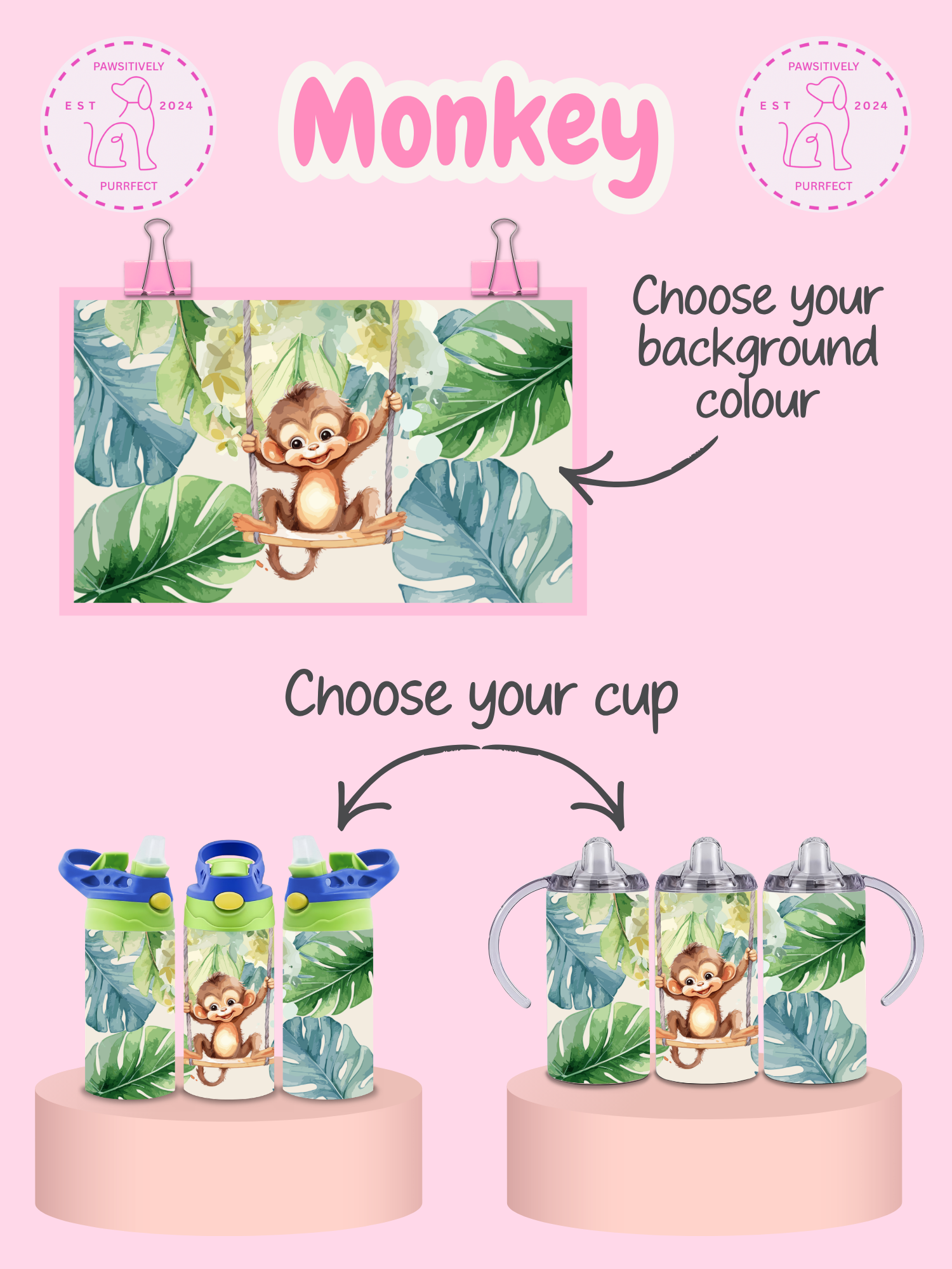 Product display with monkey-themed cups and a background color selection option on a pink background.