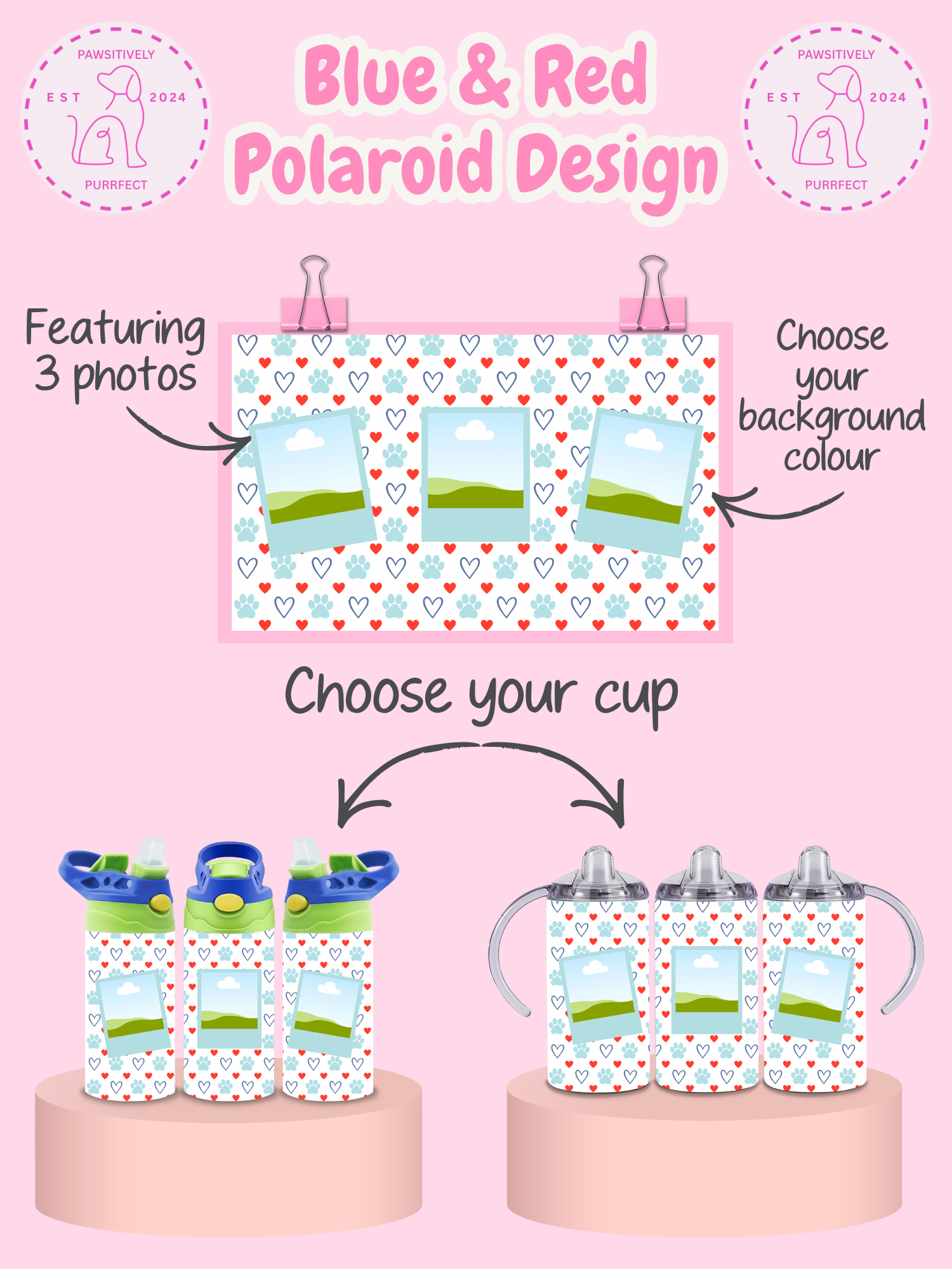 Product display with sippy cups featuring a blue and red polaroid design on a pink background.