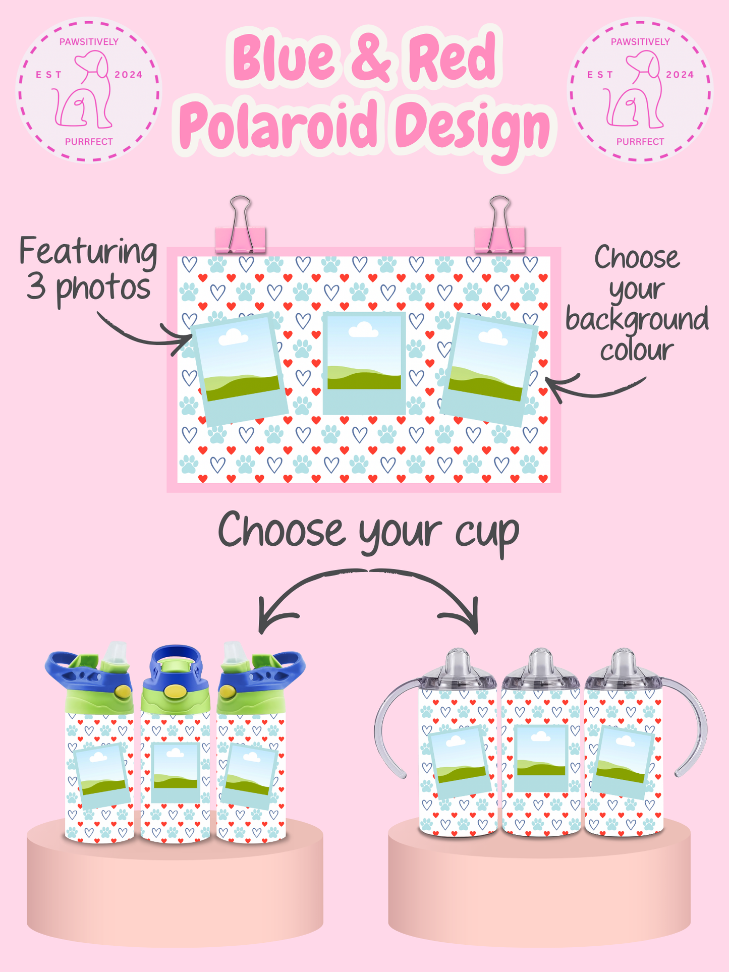 Product display with sippy cups featuring a blue and red polaroid design on a pink background.
