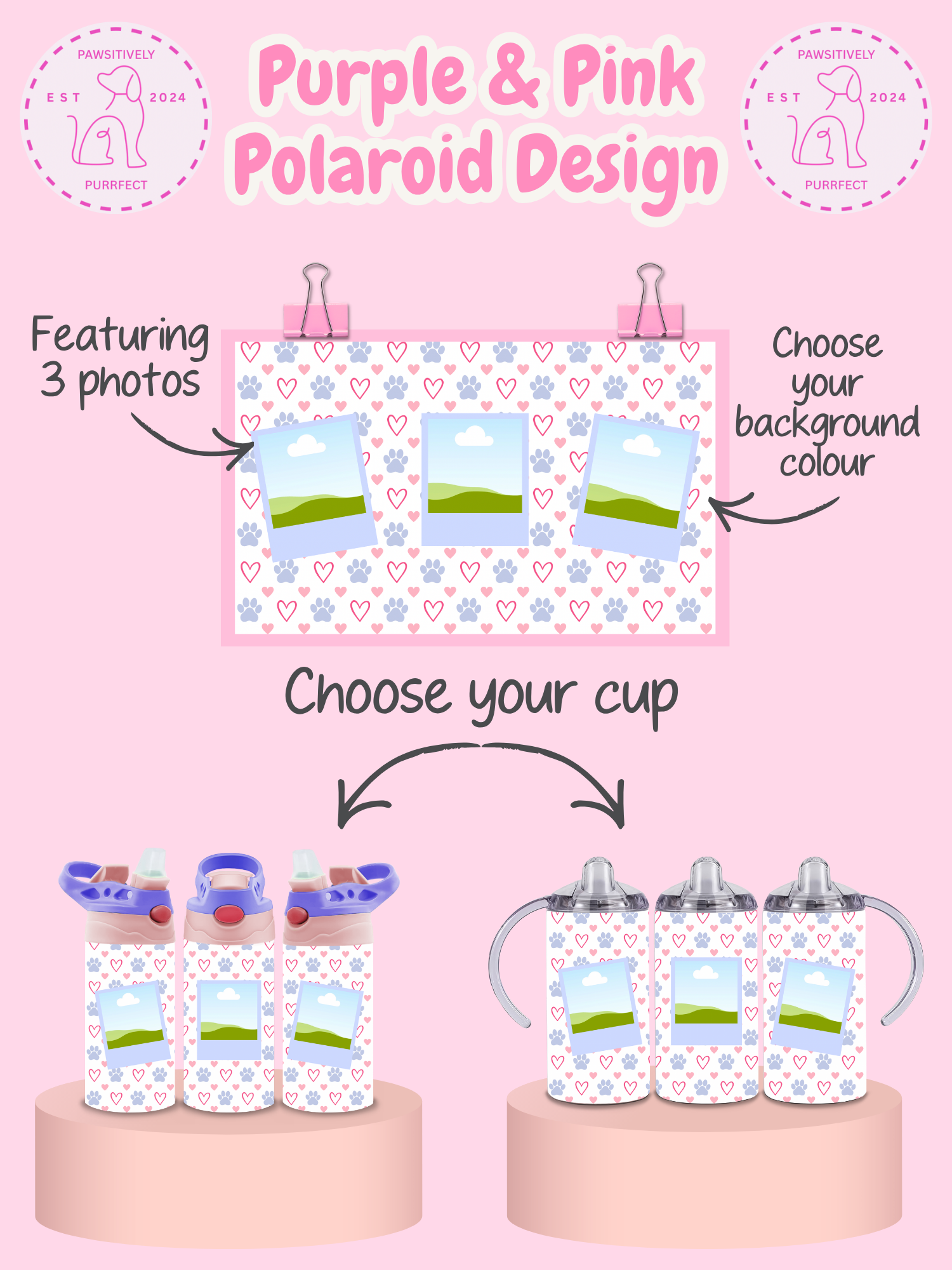 Promotional graphic for personalized sippy cups with purple and pink design, featuring three photos and options to choose a background color and cup.