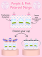 Promotional graphic for personalized sippy cups with purple and pink design, featuring three photos and options to choose a background color and cup.