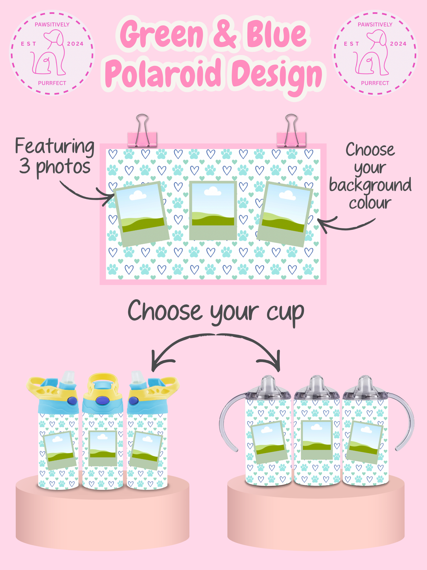Product display with green and blue Polaroid design on a pink background, featuring bottles and cups.