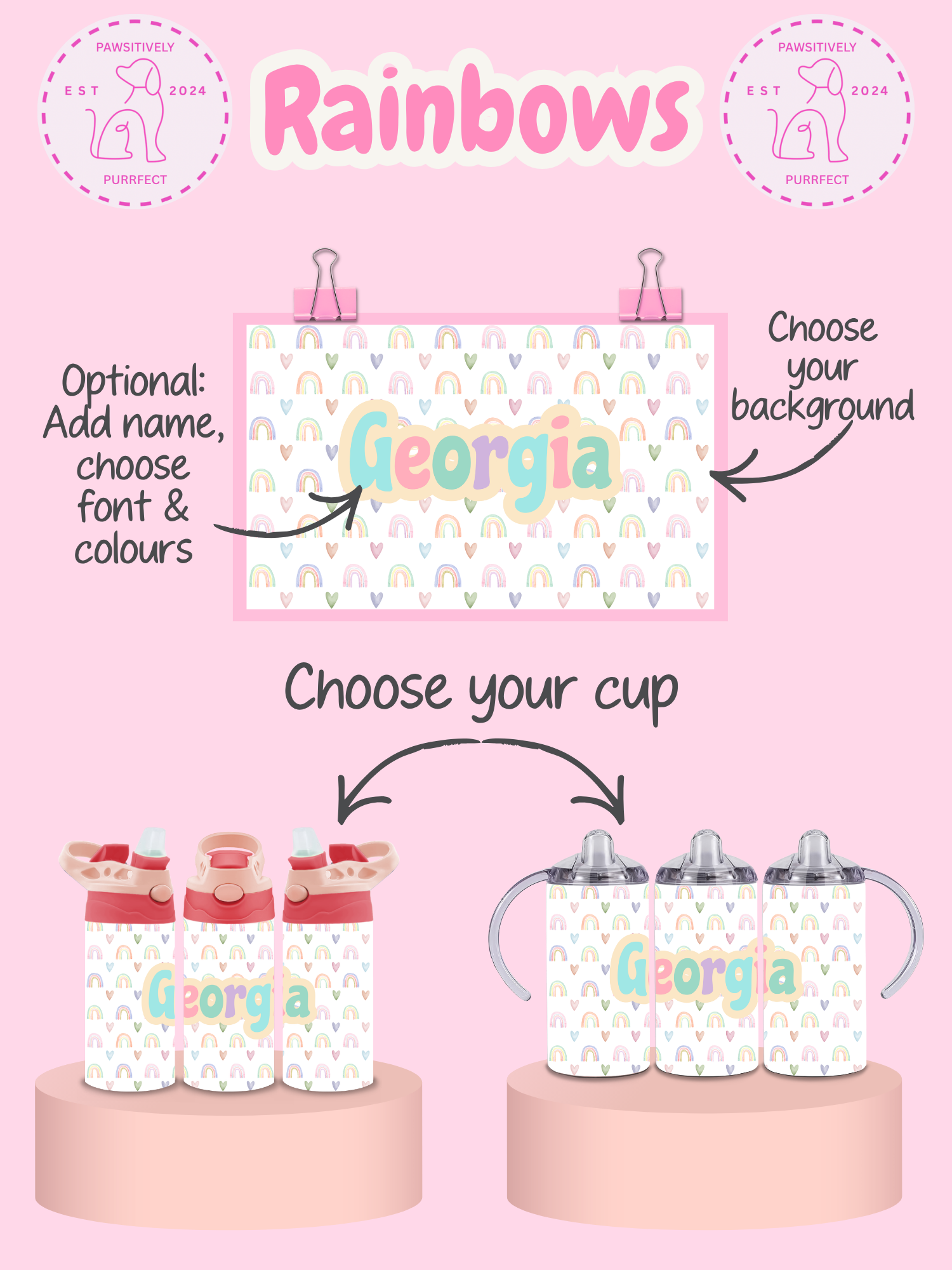 Product display with personalized cups and signs on a pink background