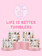 Tumblers with dog-themed designs on a pink background with 'Pawsitively Purrfect' branding.