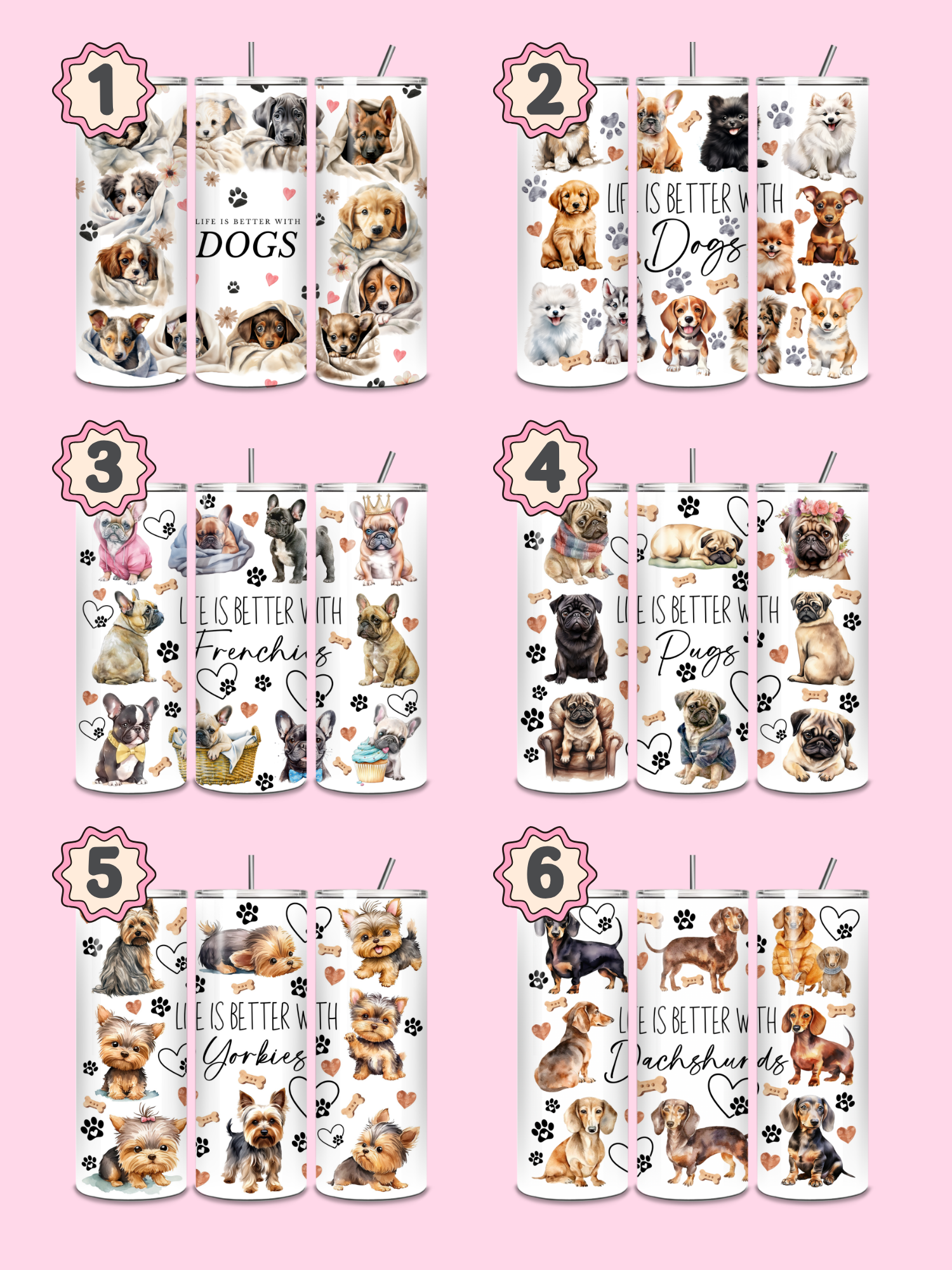 Set of 6 tumblers with dog-themed designs on a pink background