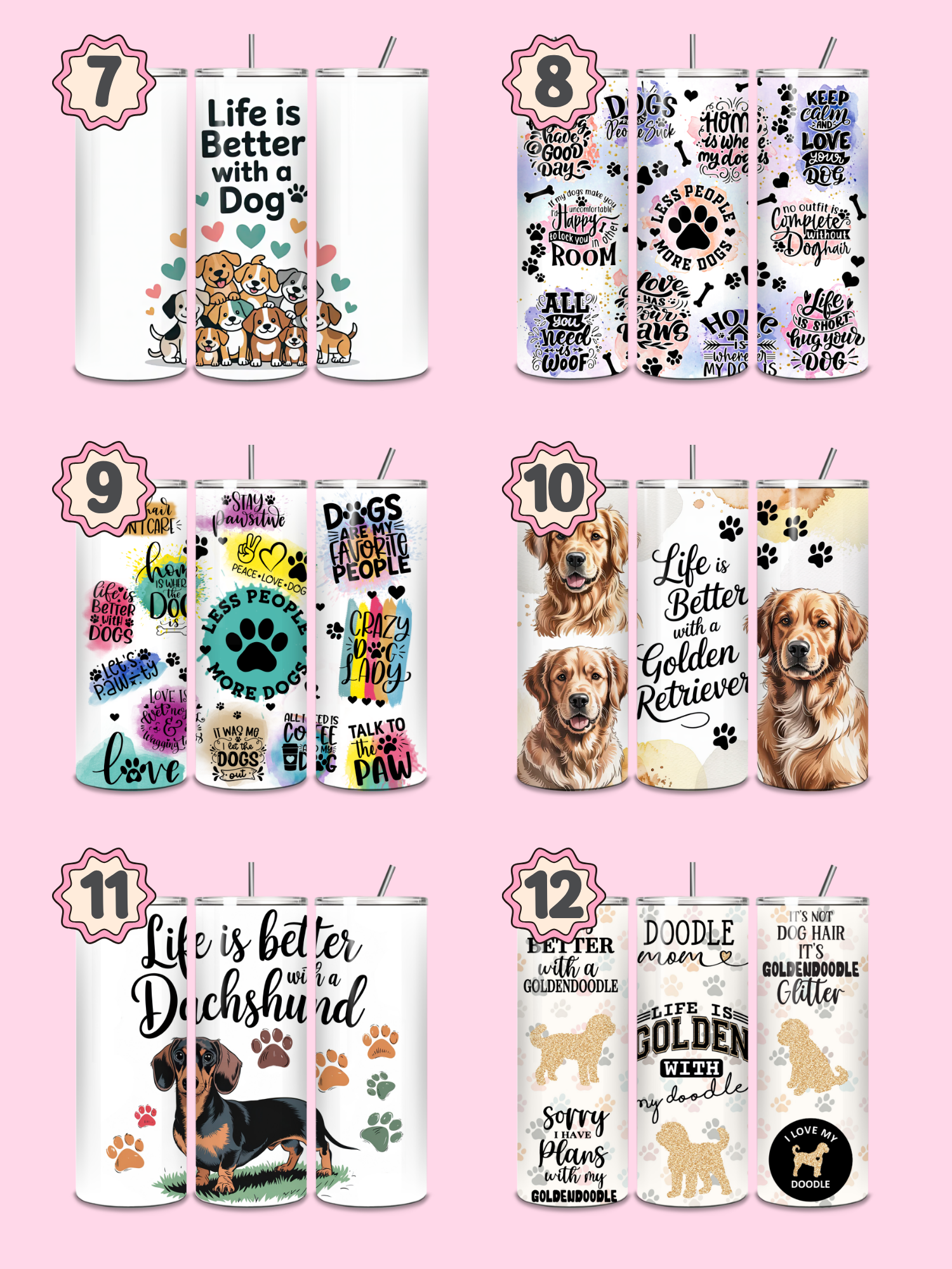 Collection of tumblers with dog-themed designs on a pink background