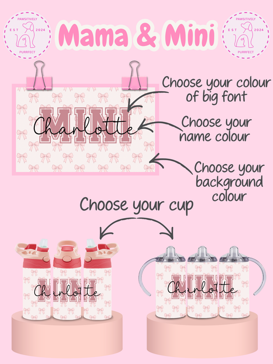 Personalized sippy cups with customizable text on a pink background