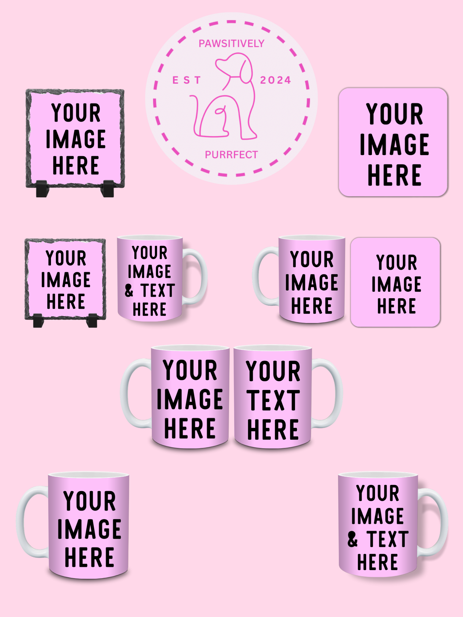 Pink mug design template with customizable text and images on a pink background.
