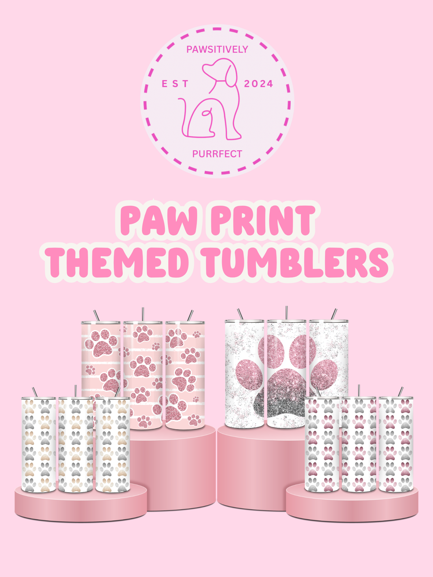 Paw print themed tumblers on a pink background with a brand logo.