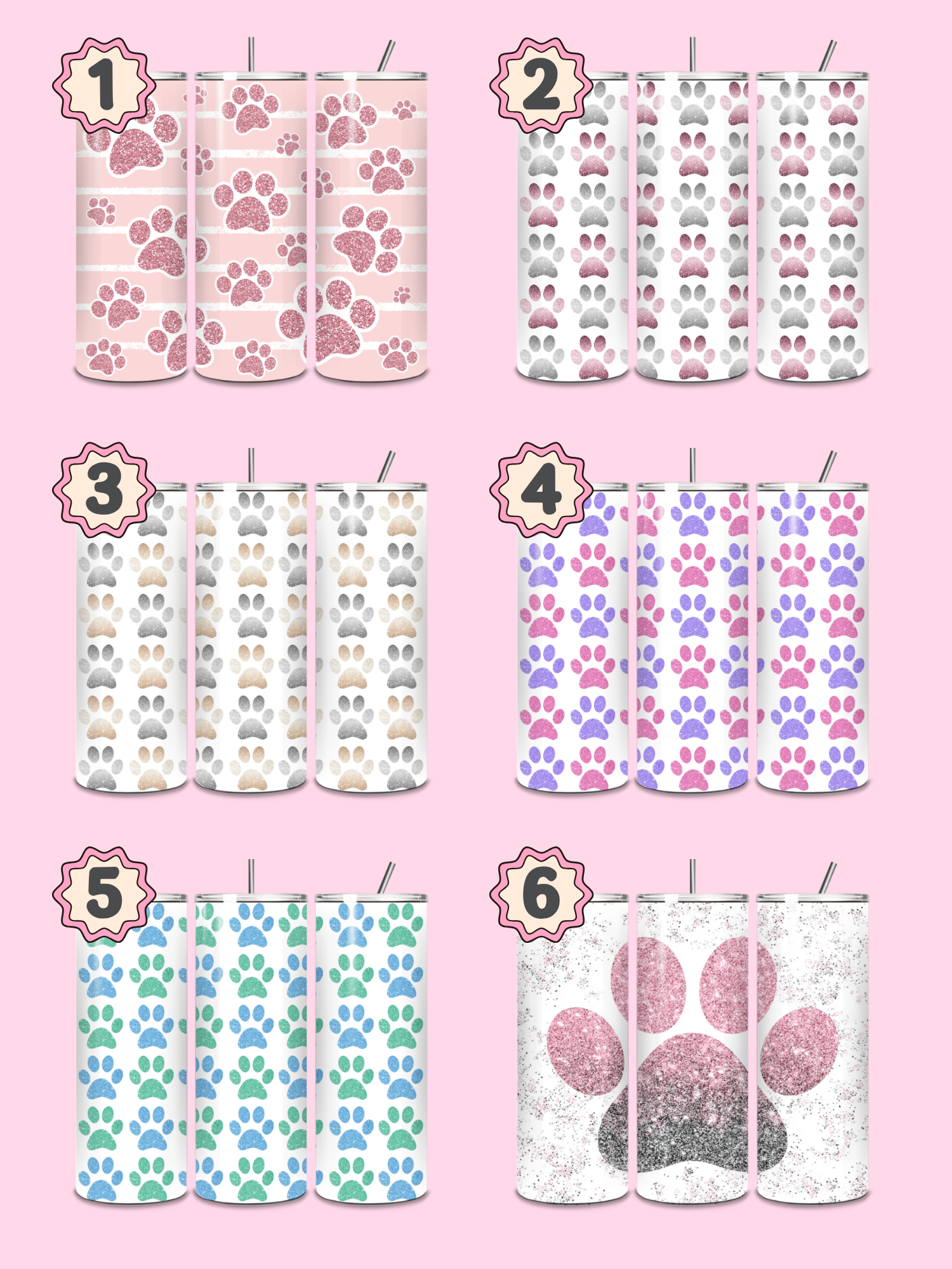 Set of six tumblers with paw print designs on a pink background