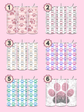 Set of six tumblers with paw print designs on a pink background