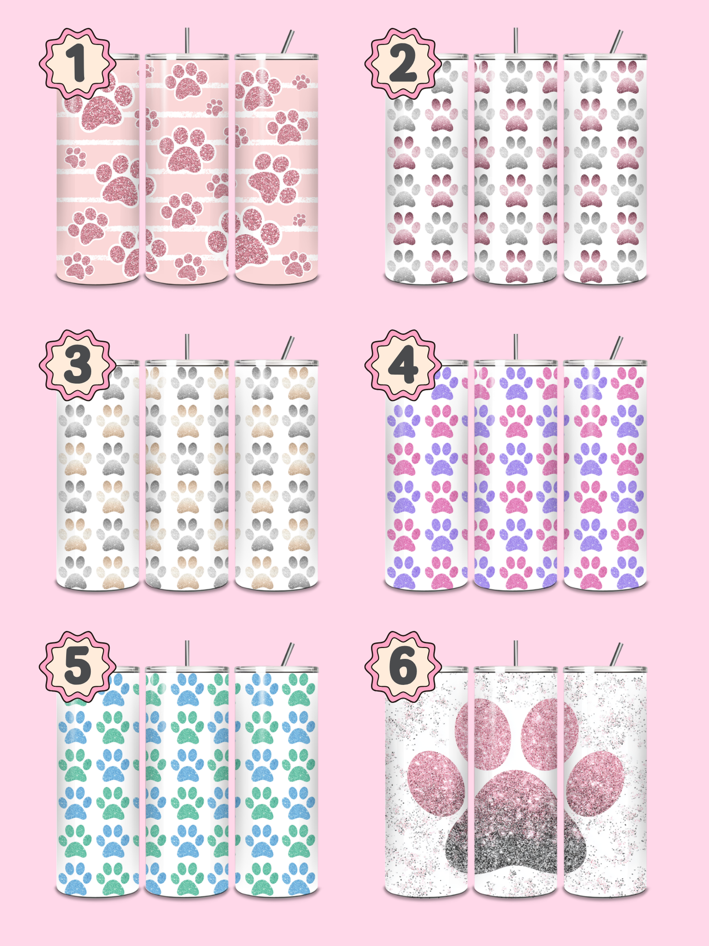 Set of six tumblers with paw print designs on a pink background
