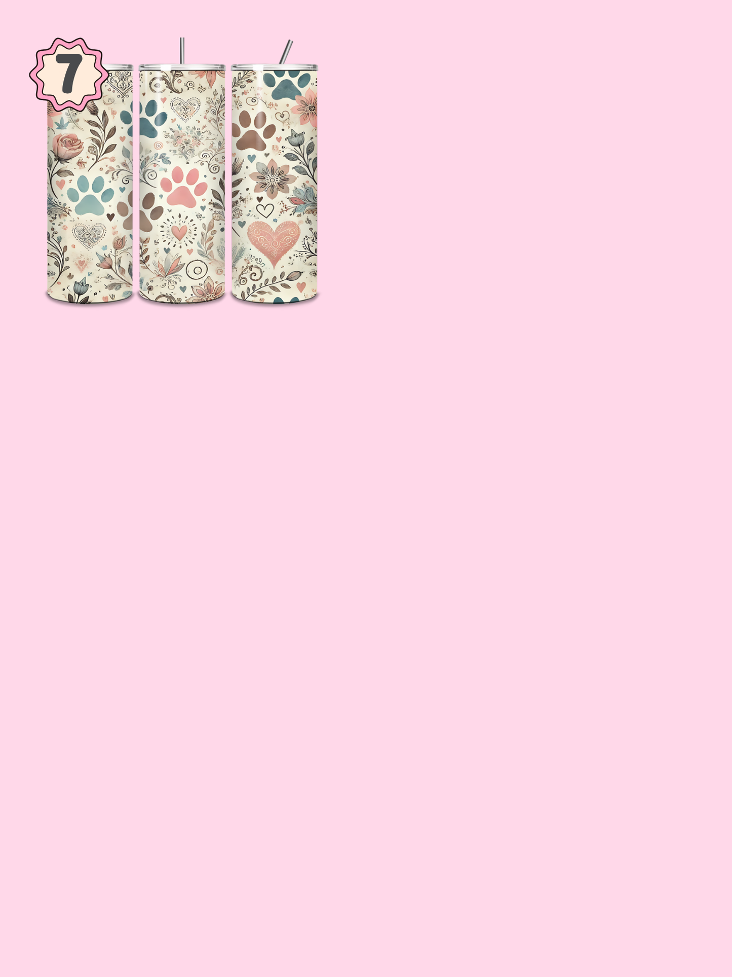 Four cylindrical containers with floral and heart patterns on a pink background