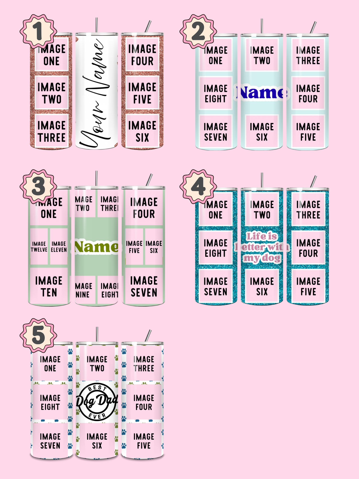 Collection of personalized tumblers with various designs and text on a pink background.