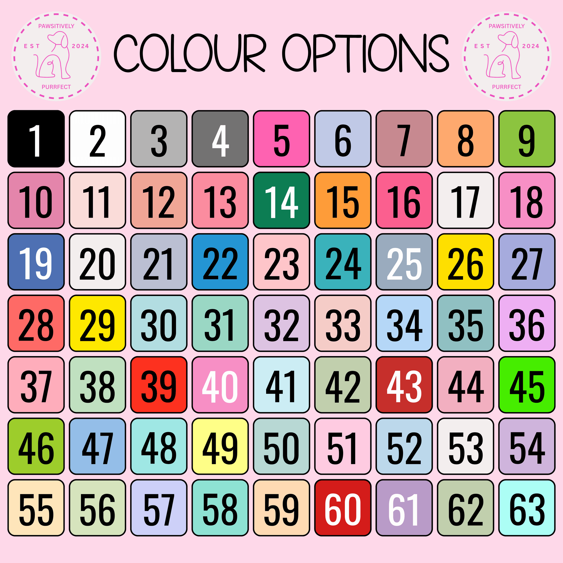 Color swatch chart with numbers and color options on a pink background