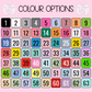 Color swatch chart with numbers and color options on a pink background