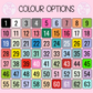 Color swatch chart with numbers and color options on a pink background