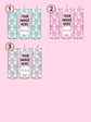 Set of personalized tumblers with paw print designs on a pink background