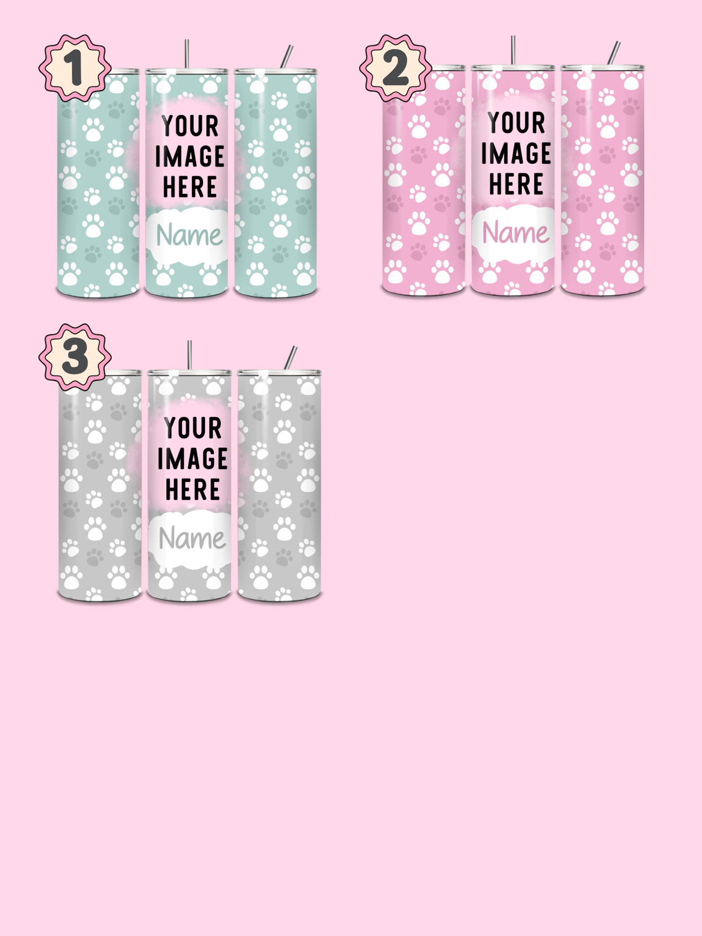 Set of personalized tumblers with paw print designs on a pink background