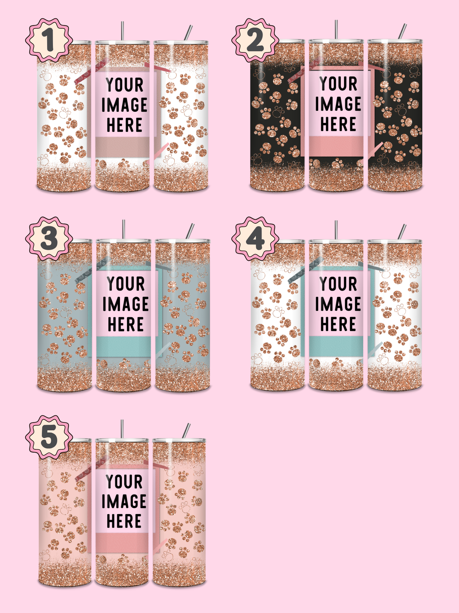 Set of personalized tumblers with paw print design on a pink background