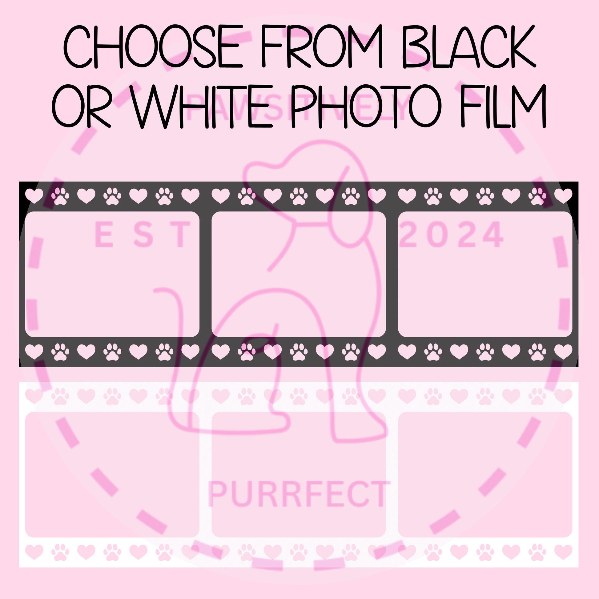Pink background with dog-themed design and text 'Choose from black or white photo film' on a pink background.