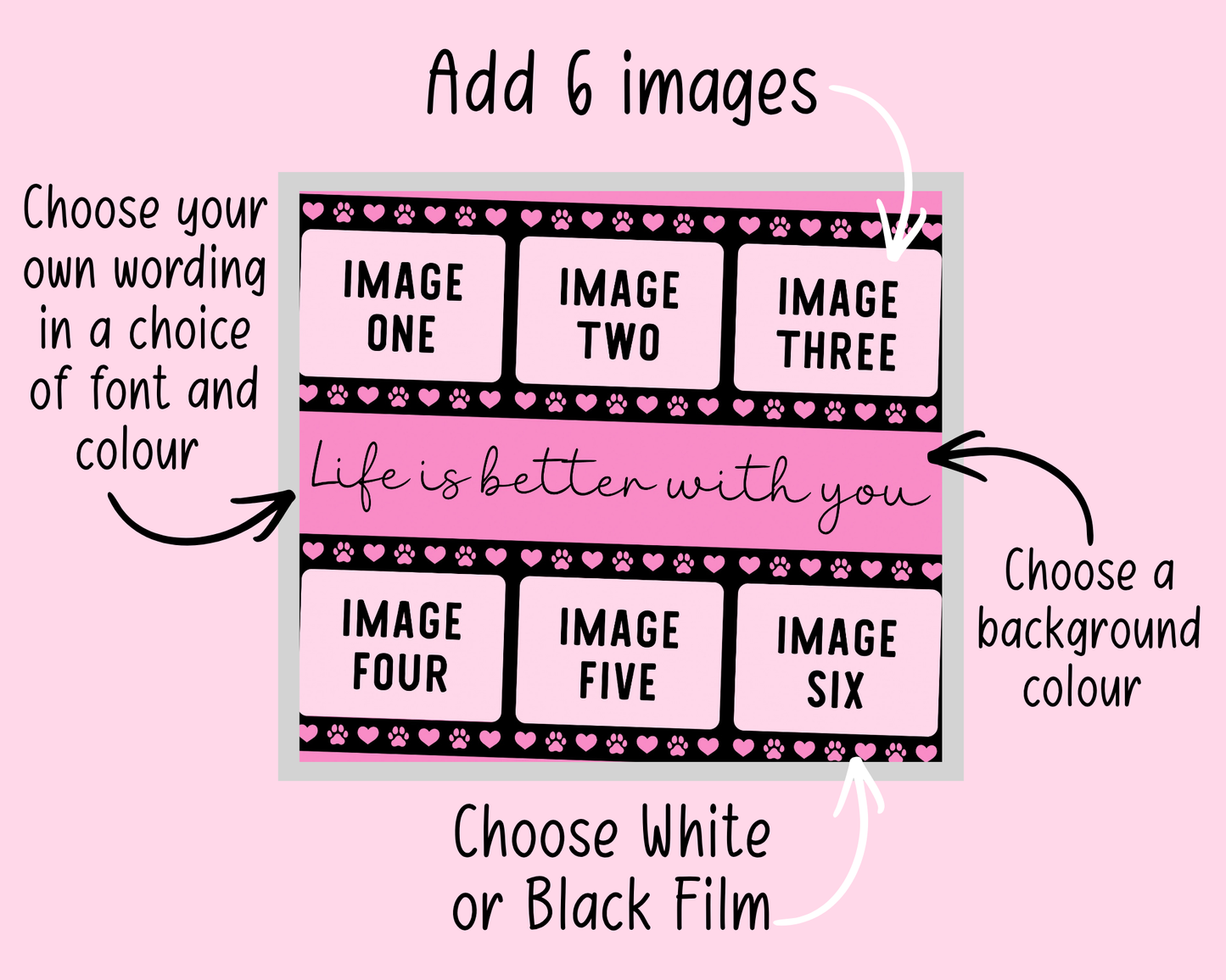 Design template with six image slots on a pink background with paw prints and text.