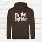 Brown hoodie with 'The Dogfather' text and graphic on a wooden background