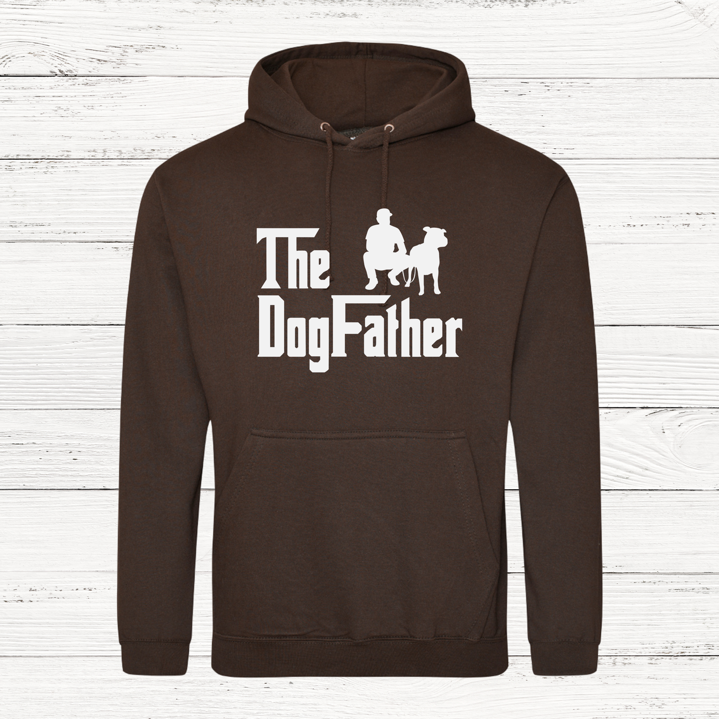 Brown hoodie with 'The Dogfather' text and graphic on a wooden background