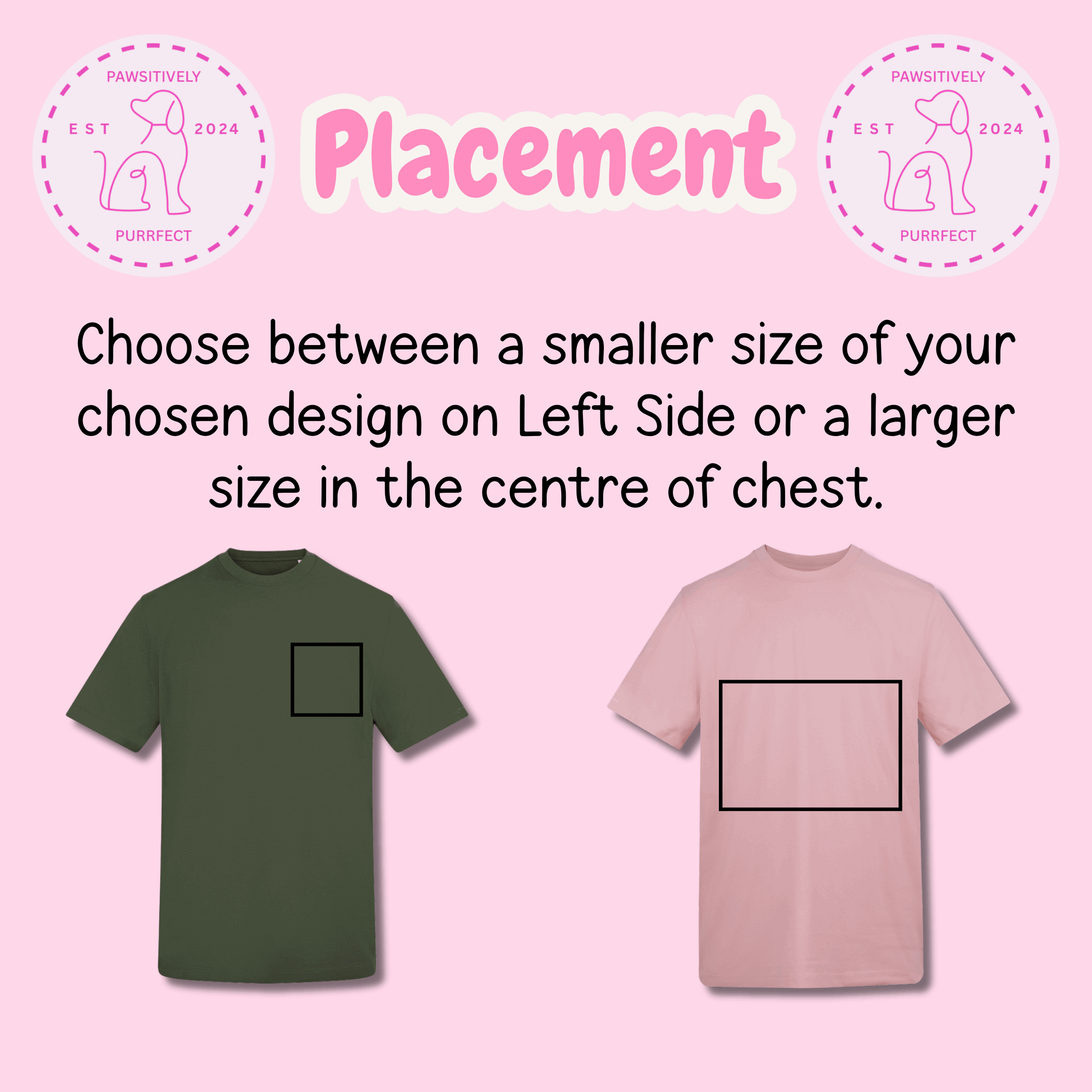 Two t-shirts, one green and one pink, with placement guides on a pink background.