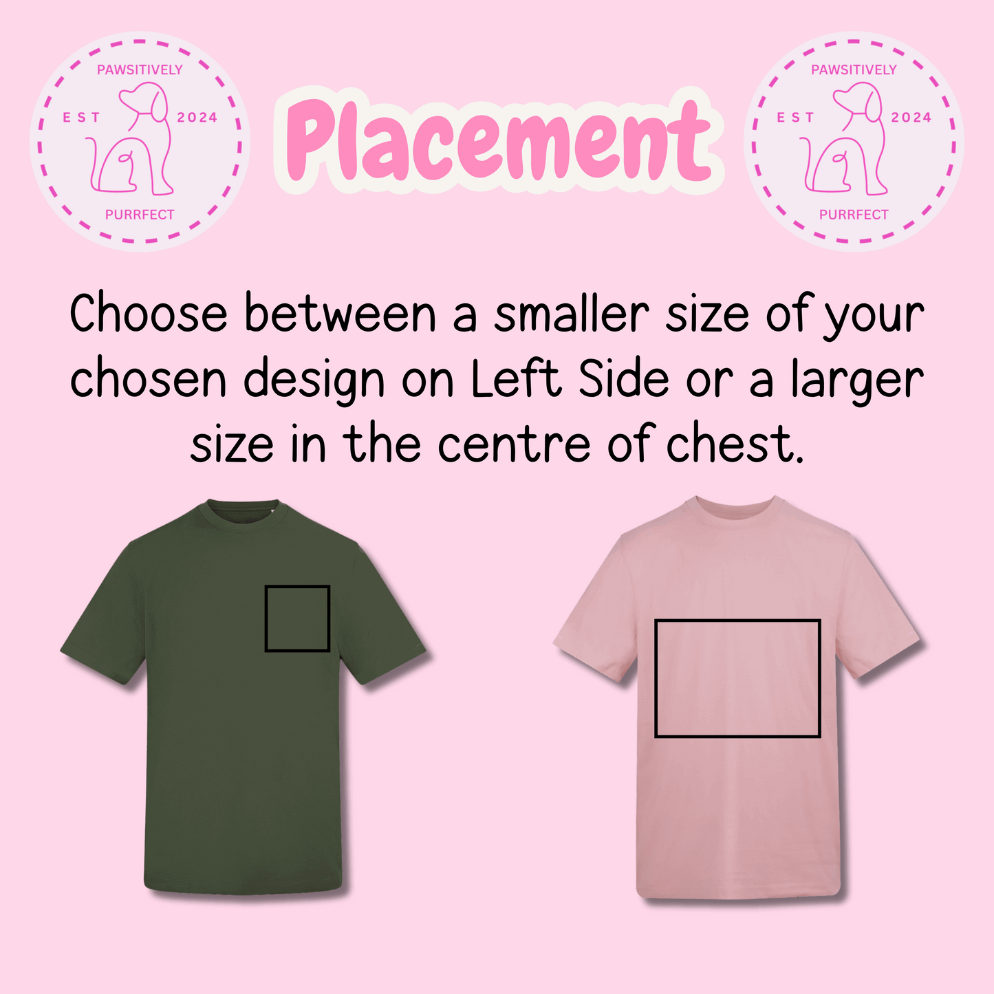 Two t-shirts, one green and one pink, with placement guides on a pink background.
